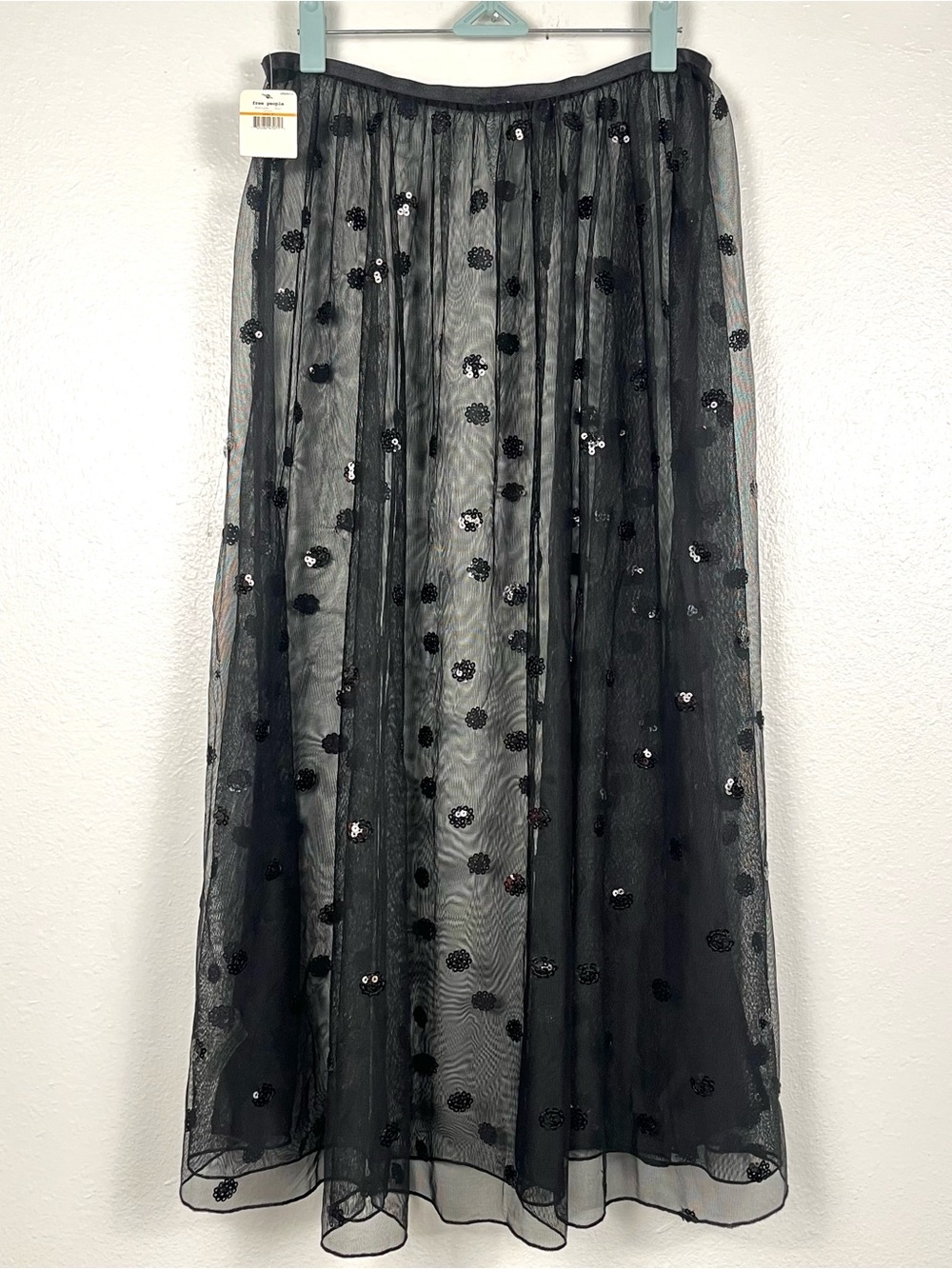 NWT Free People Small Black Sheer Tulle Polka Dot Sequin Midi Skirt - Picture 5 of 6